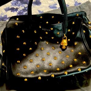 Alexander McQueen Mini Gold Studded Black Leather Padlock Zip-Around Tote Bag